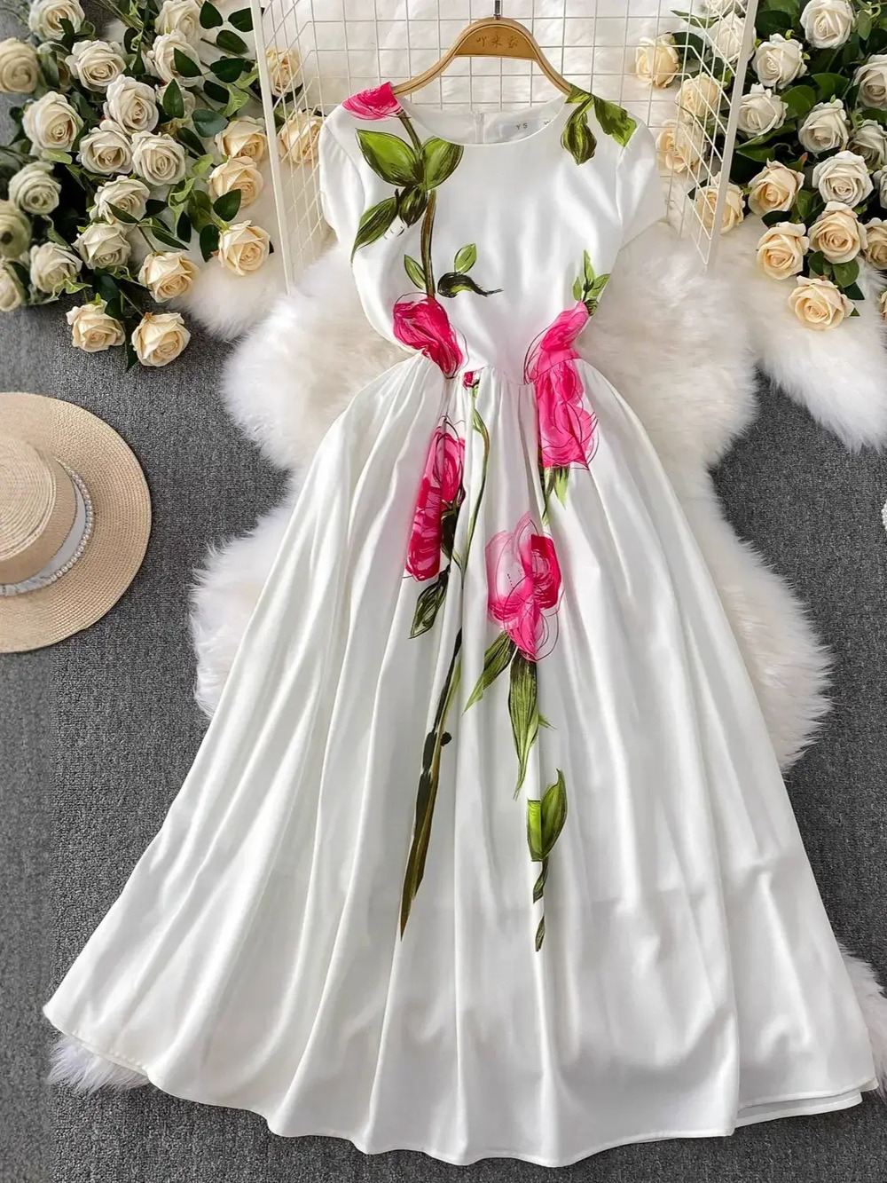 ZARA Pink Floral Fitted Waist Flared Long Dress